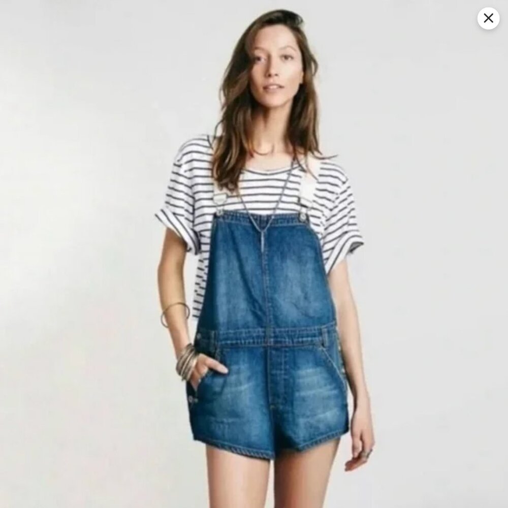 Free People Denim Shortalls Overalls with Cream Canvas Straps Size 28 - Picture 11 of 12